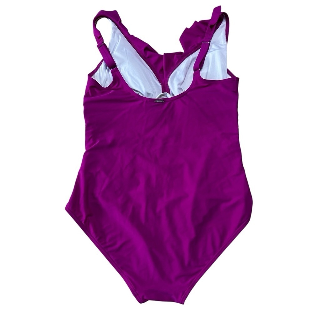 Dkny Ruffle Plunge Underwire Tummy Control One-Piece Swimsuit Dark Pink Sz 16 - Picture 3 of 13